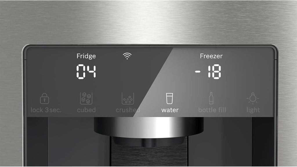 Bosch KFI96APEA, Serie 6, Smarter French Door Kühlschrank, 183 x 90,5 cm, 375 L Kühlen + 199 L Gefrieren, noFrost, Eis- und Wasserspender, Big Box, VitaFresh XXL 0º, AntiFingerprint, Gebürsteter Stahl