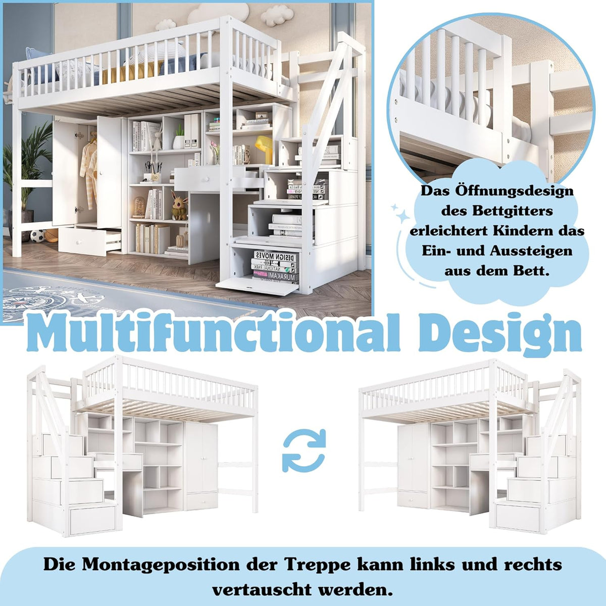 Kinderbett Etagenbett 90x200, Hochbett mit Kleiderschrank&Schließfächern&Schubladen&Schreibtisch&Treppe, Einzelbett Holzbett Jugendbett mit Lattenrost&Rausfallschutz, Massivholz, Ohne Matratze, Weiß