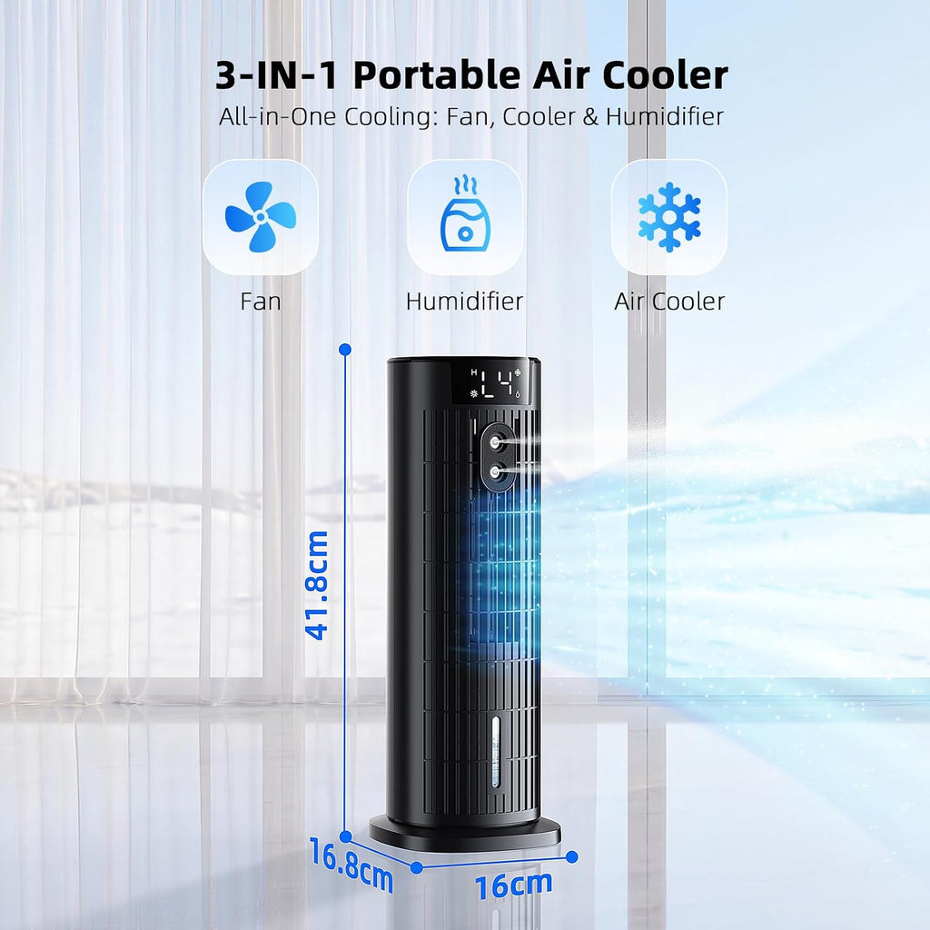 Mobile Klimaanlage mit Wasserkühlung, 4-in-1 Luftkühler Tragbar, Leiser Air Cooler mit 2-10h Timer, 90° Oszillation & 4 Stufen, Mobiles Kühlgerät für Zuhause, Büro und Schlafzimmer