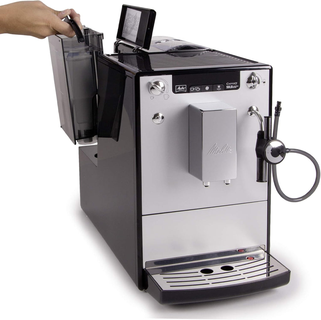 Melitta Caffeo Solo & Perfect Milk E957-103 Schlanker Kaffeevollautomat mit Auto-Cappuccinatore | Automatische Reinigungsprogramme Silber + Milchlanze für Kaffeevollautomaten, Edelstahl, Schwarz