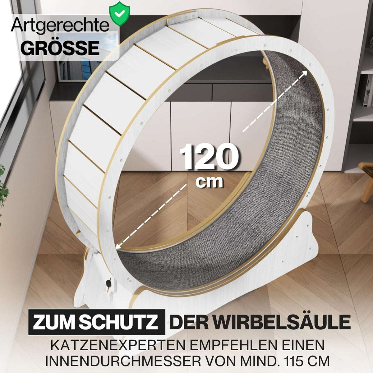 noviclass® Katzenlaufrad Baghira Groß XXL | 132cm Durchmesser Artgerecht für große Katzen | Kratzfest, stabil und leise | Gratis Spielzeug und E-Book | Geprüfte Qualität (Weiß)