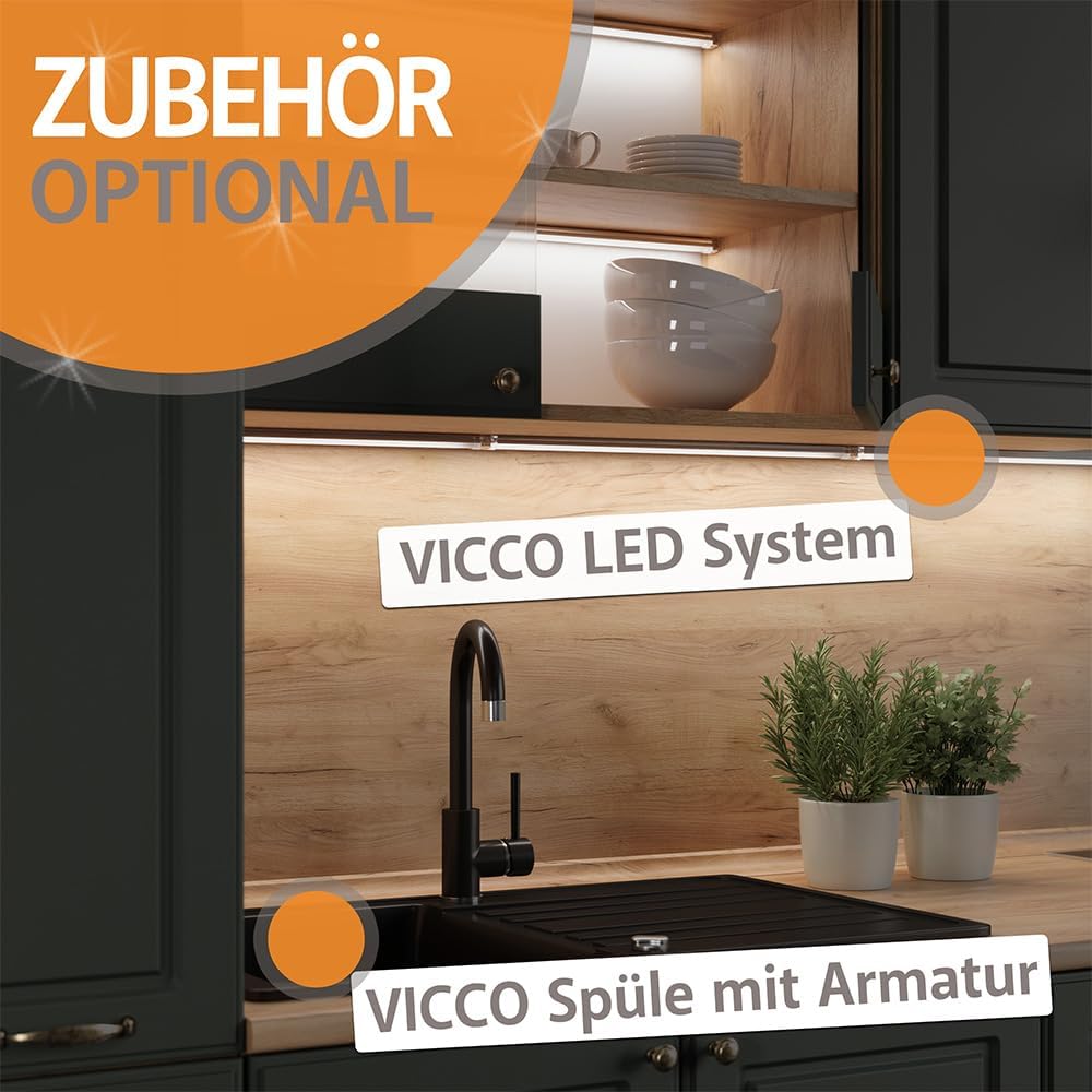 Vicco Küchenzeile Fame-Line, Grün-Gold Landhaus/Goldkraft Eiche, 300 cm mit Hochschrank, ohne Arbeitsplatte