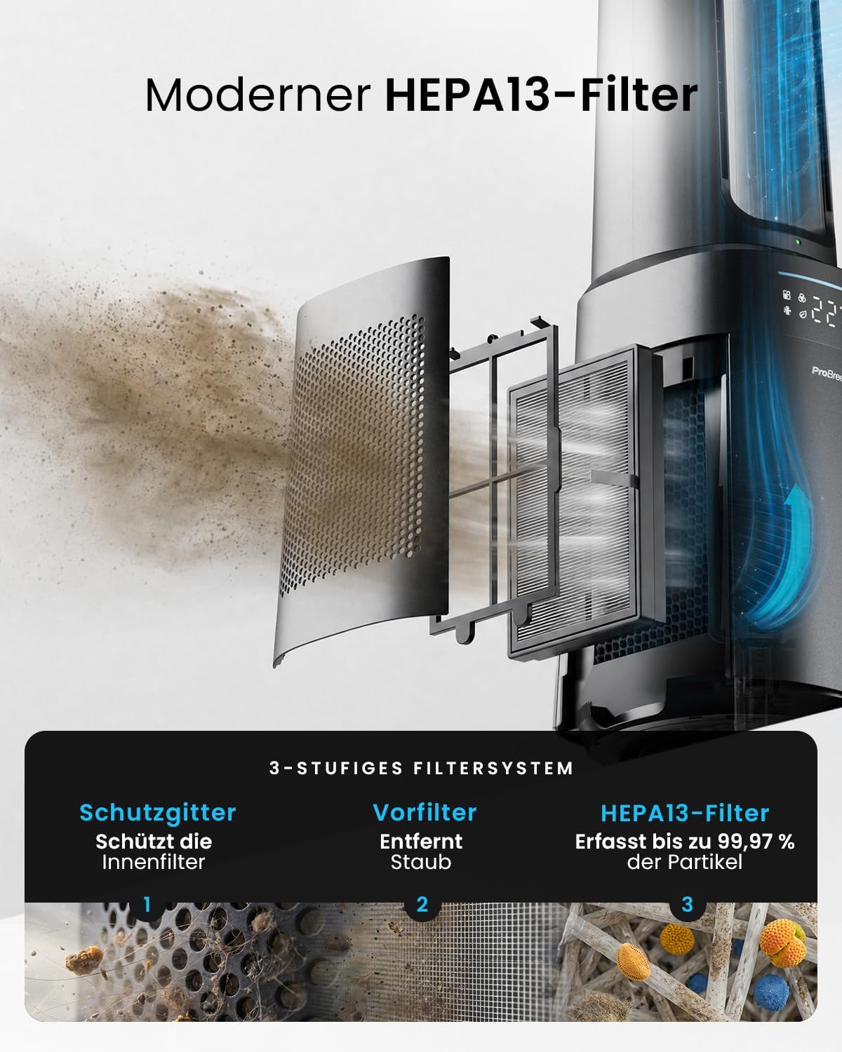 Pro Breeze OmniAir 105cm rotorloser Ventilator mit Luftreiniger - Smart Home Ventilator, WLAN, App, HEPA 13 Filter, 10 Geschwindigkeiten - Turmventilator sehr leise, 5 Modi, Auto 75° Oszillation