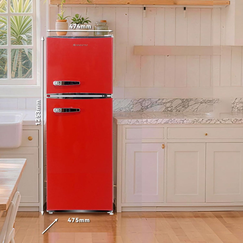 magictec Retro Kühlschrank mit Gefrierfach | 120L(88L/32L) | Low Frost | Kühl Gefrier Kombination | Vintage Design | LED Beleuchtung | Rot