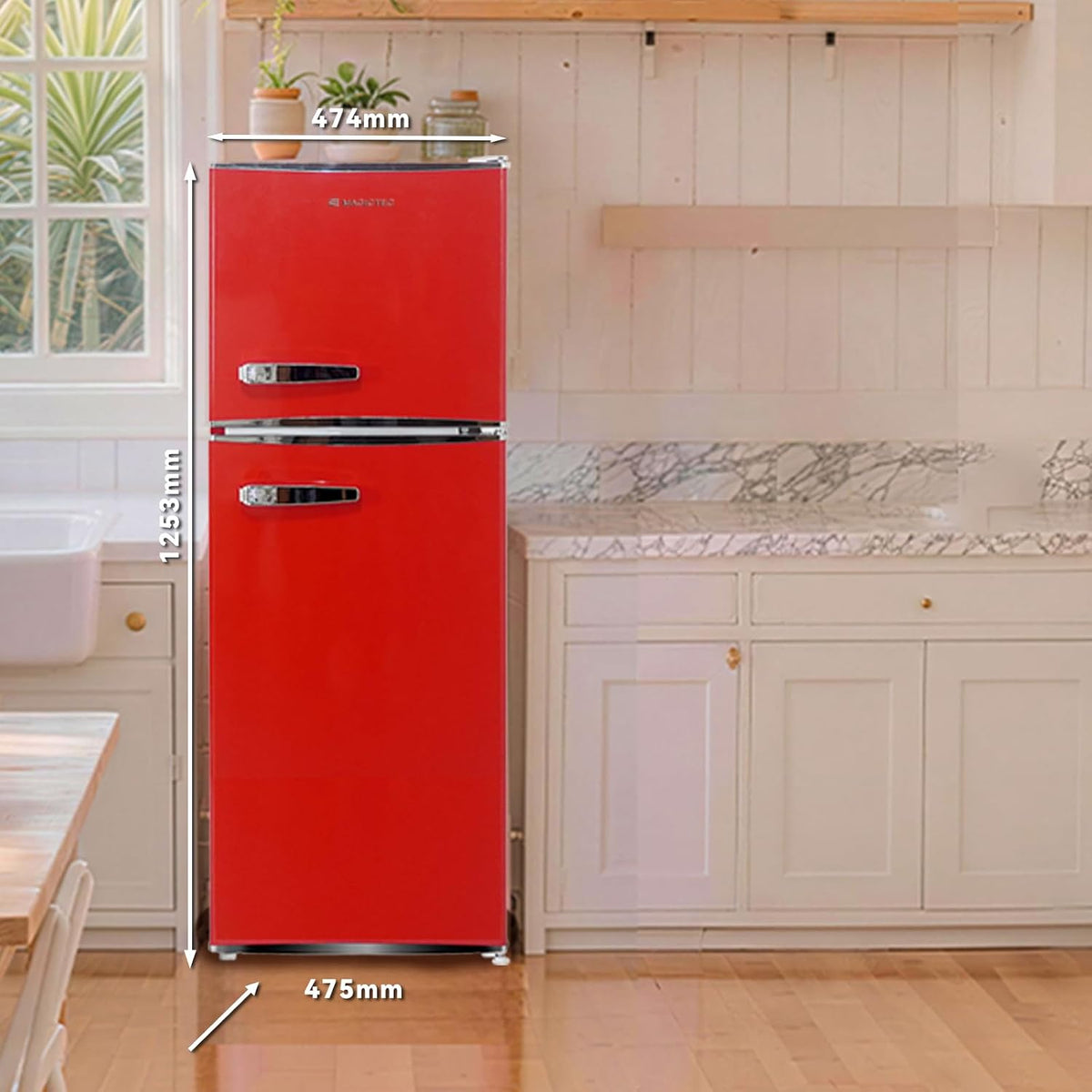 magictec Retro Kühlschrank mit Gefrierfach | 120L(88L/32L) | Low Frost | Kühl Gefrier Kombination | Vintage Design | LED Beleuchtung | Rot