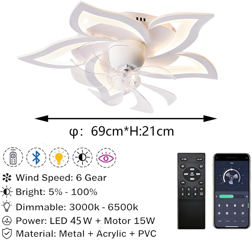 Leise LED Deckenventilator mit Beleuchtung,360° Drehbar Fan Lampe,69cm Dimmbare Deckenlampe mit Ventilator und Fernbedienung/APP,Timer 6 Geschwindigkeiten Lampe mit Ventilator (Weiß)