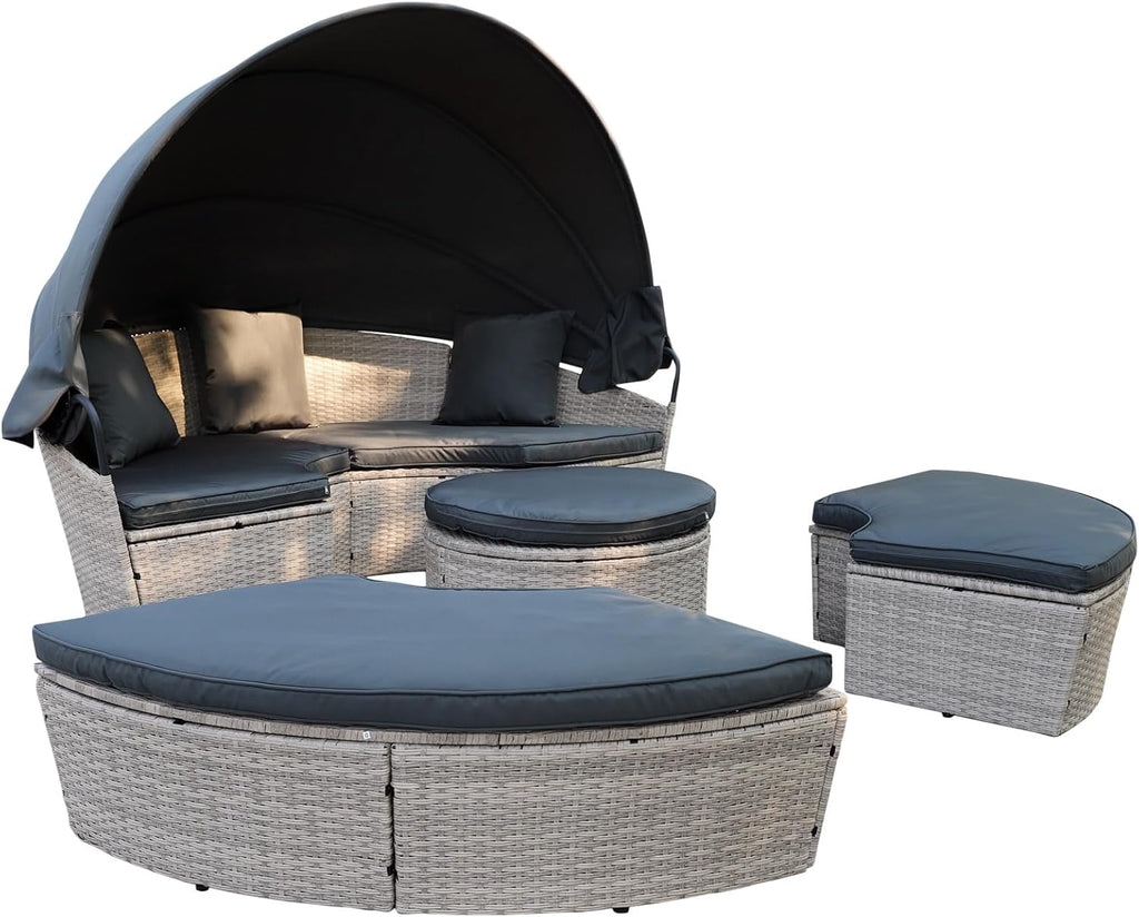 Poly Rattan Sonneninsel XL mit faltbarem Sonnendach Ø 180/210 cm inkl. Auflagen Kissen, Lounge Sonnenliege Gartenmuschel (Hellgrau, Dia 180)