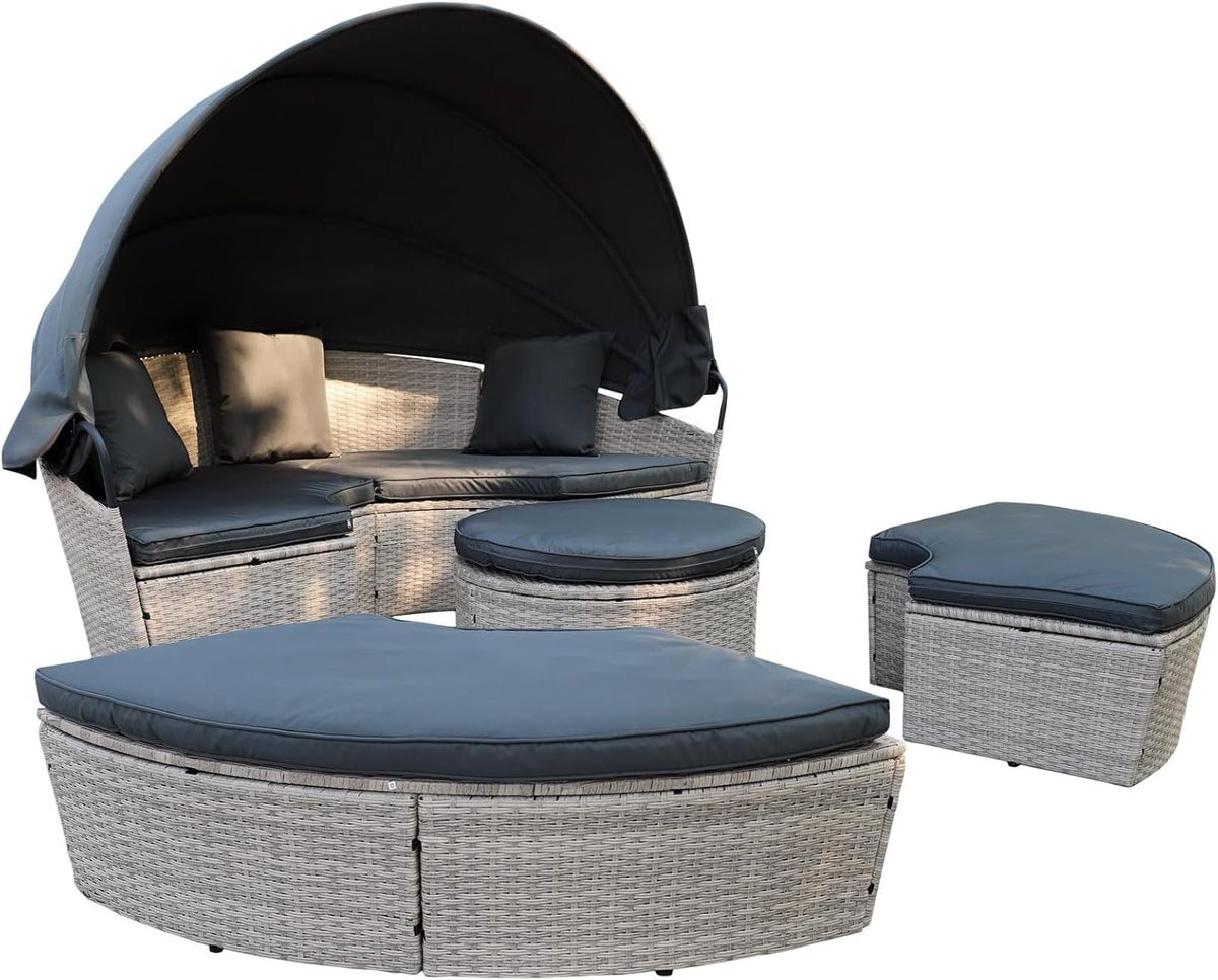 Poly Rattan Sonneninsel XL mit faltbarem Sonnendach Ø 180/210 cm inkl. Auflagen Kissen, Lounge Sonnenliege Gartenmuschel (Hellgrau, Dia 180)