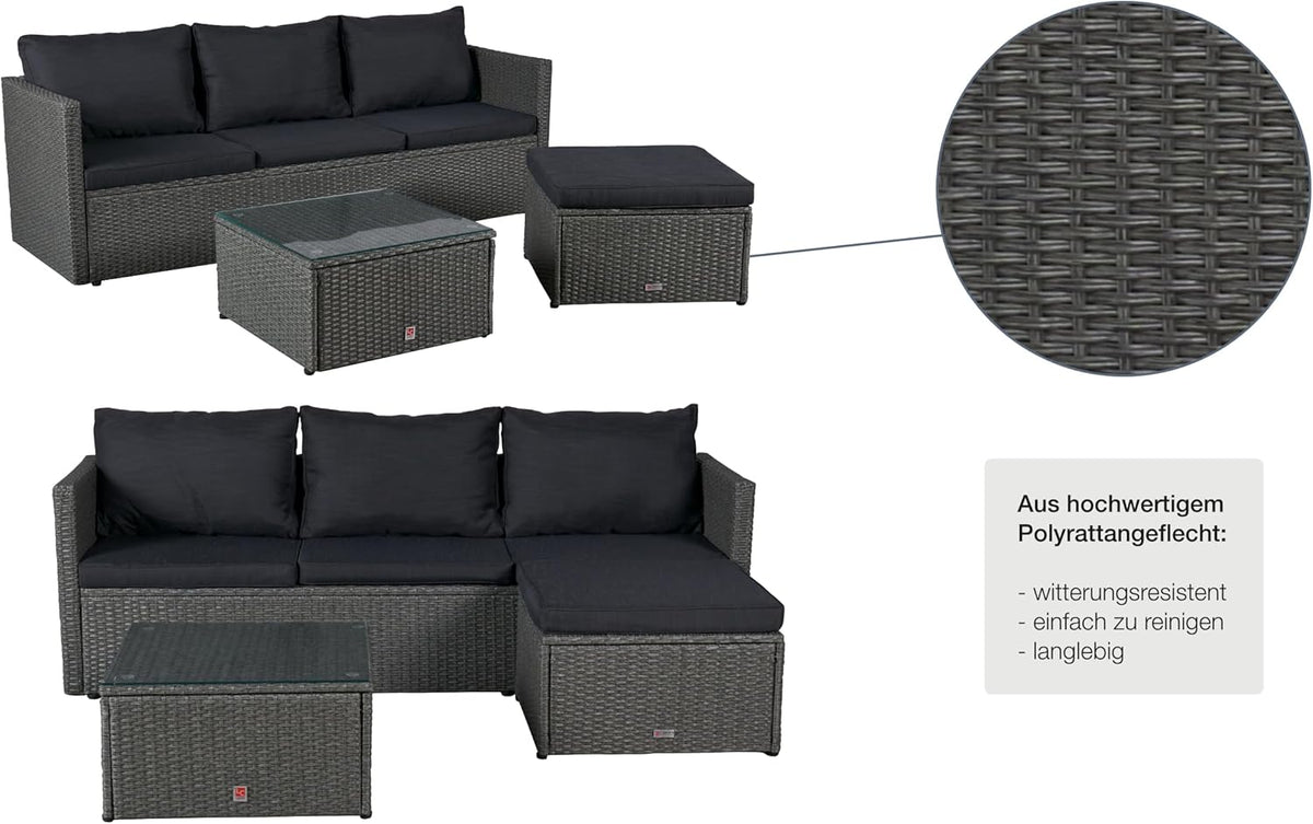 LC Garden Loungino Polyrattan Lounge grau-Mix für 3-4 Personen, Balkonmöbel Sitzgruppe mit Tisch + Hocker, Gartenlounge, Ecksofa für Balkon + Terrasse