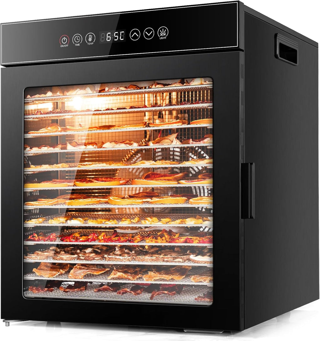Kwasyo Dörrautomat Edelstahl, Dörrgerät 12 Etagen Ganz in Schwarz, 30-90℃ Temperaturregelung, 24 Stunden Timer, Rezeptheft für Fleisch Obst Gemüse Kräuter, 900W, LT-09