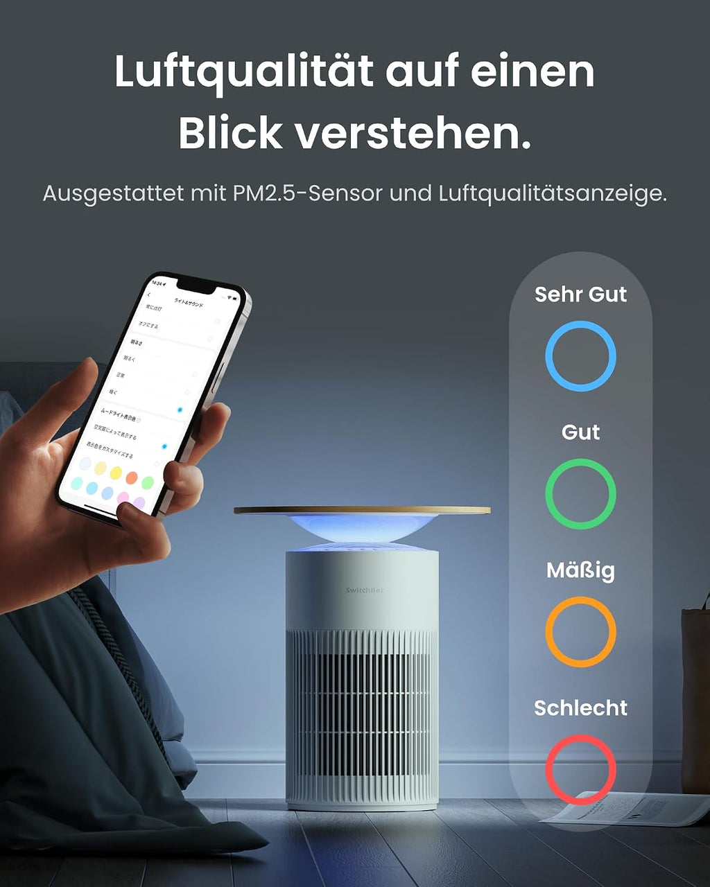 SwitchBot Luftreiniger mit App-Steuerung und Nachtlicht, CADR 400m³/h bis zu 83㎡ Zimmer, HEPA-Filter entfernt 99,97% Schimmel Staub Pollen