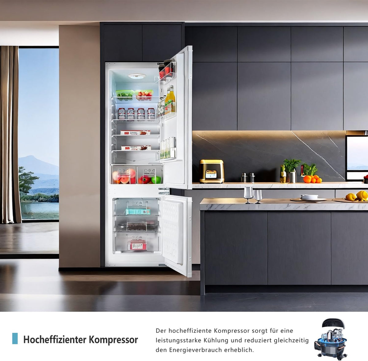 Einbaukühlschrank mit gefrierfach 177 cm hoch x 54 cm breit , 【 Nofrost Plus 】, kühl gefrierkombination einbau 178 kühlschrank | 225 L (181L/44L) | Energieeffizient | 5 hat | Leise | Türs Wechselbar