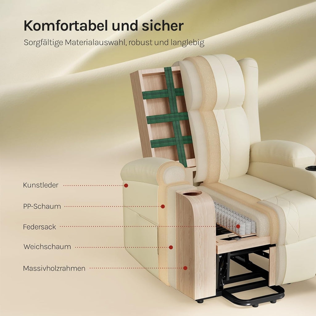 WOLTU Massagesessel, elektrisch verstellbar, mit Liegefunktion Aufstehhilfe, Massage Heizung Fußstütze Seitentaschen Becherhaltern USB-Port, Kunstleder, Beige