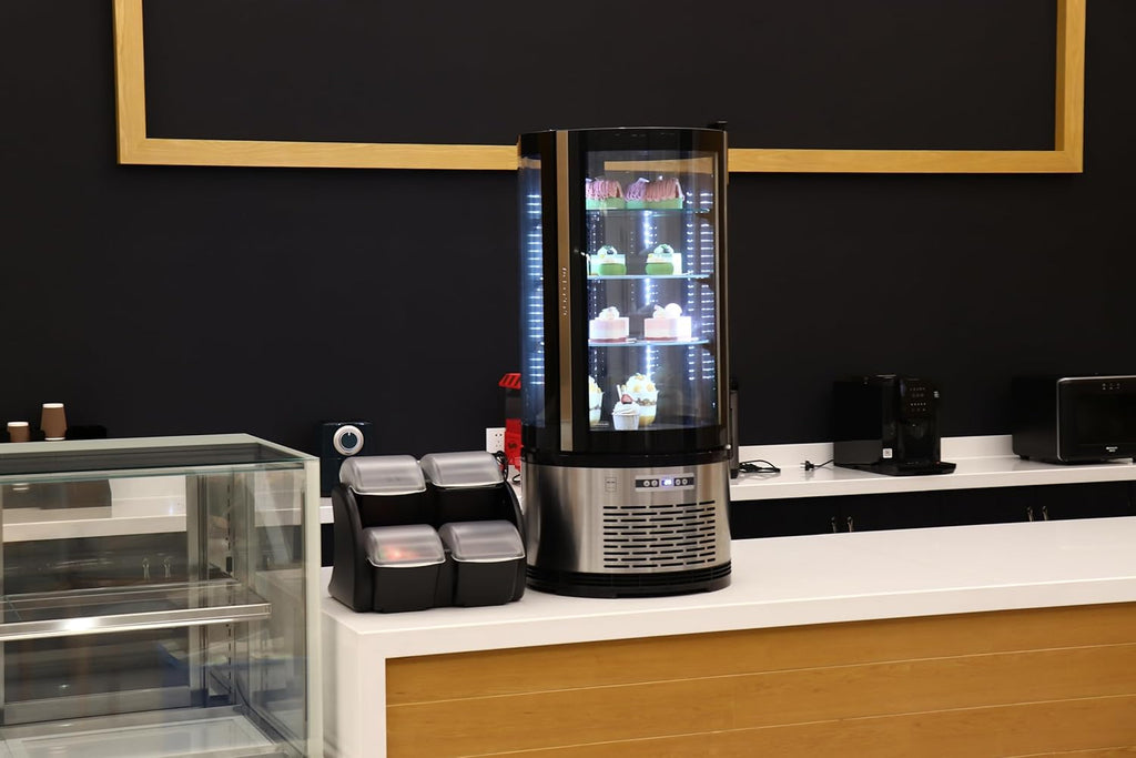 METRO Professional Kuchen-Vitrine GRV1100, Gastro, Edelstahl/Glas, 100 L, Umluftkühlung, 490W, Temperaturanzeige, automatisches Abtauen, rund, silber, Klimaklasse 6