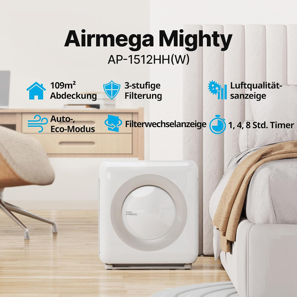 COWAY Luftreiniger Allergiker, Energiesparender ECO-Modus, Entfernt 99,999% der schädlichen Partikel bis zu 0,01 µm, für Allergie (ECARF Siegel) Staub Pollen, CADR 421m³/h, ap-1512hh MIGHTY (Weiß)