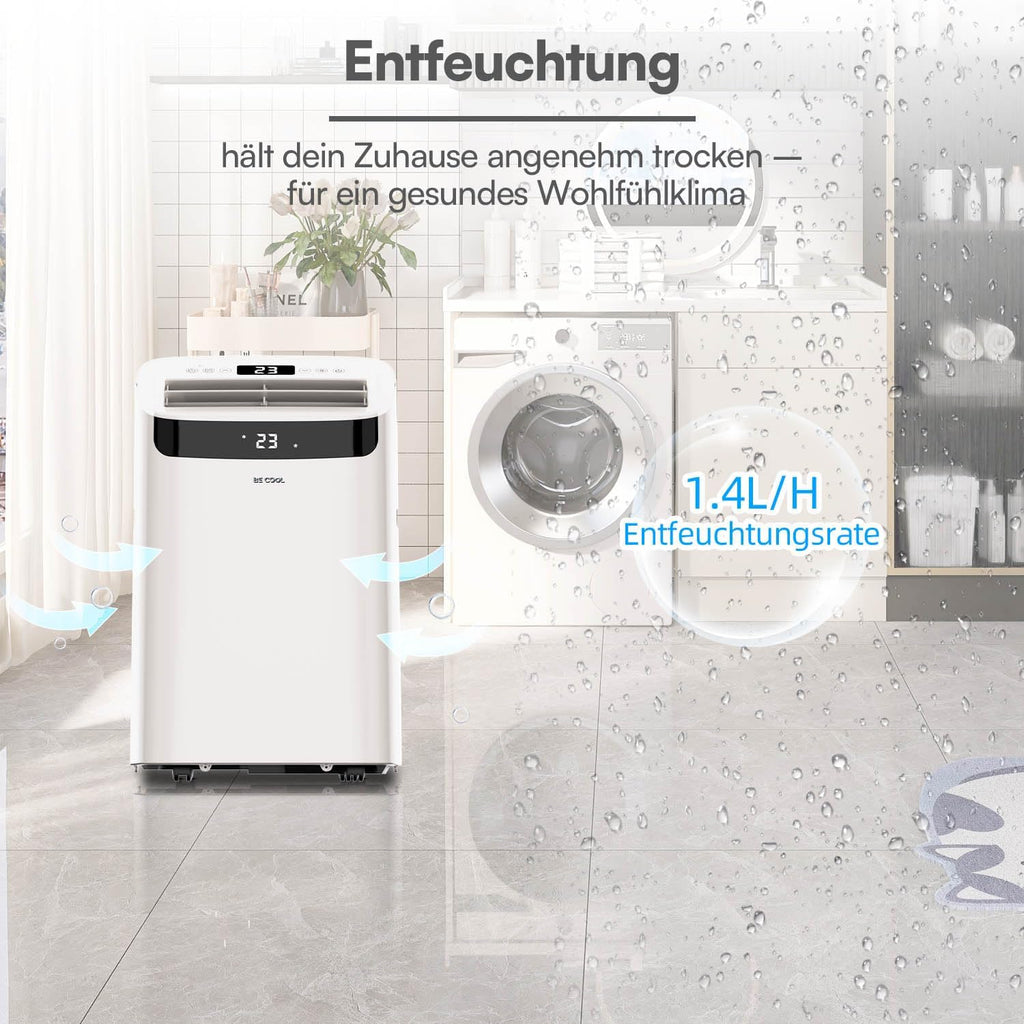 BE COOL mobiles Klimagerät 14000 BTU mit Heizung & WLAN, 4 in 1 Klimaanlage mit Entfeuchter und Ventilator, für Räume bis 48 m², Fernbedienung, Timer, Alexa & Google Assistant, weiß