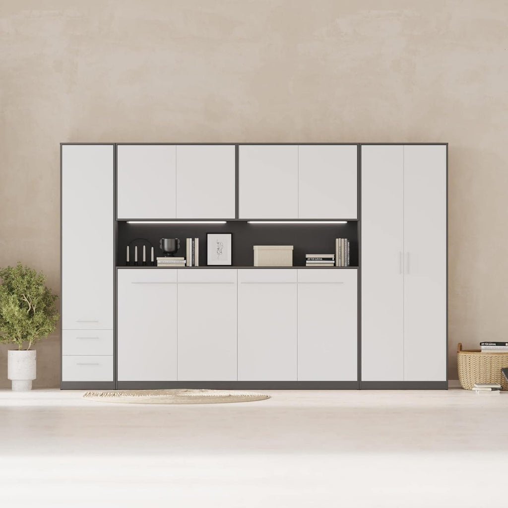 SMARTBett Wohnwand Schlafzimmer Jugendzimmer Gästezimmer Set mit Schrankbett 90x200 + 4 Schränke Anthrazit/Weiss