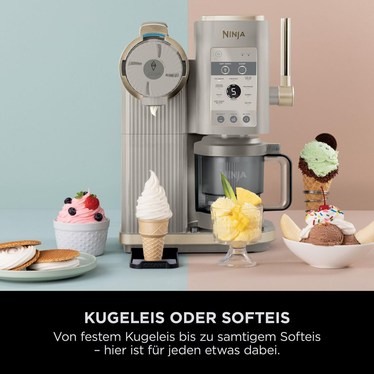 Ninja CREAMi Scoop & Swirl Eismaschine mit 2 Behältern, 13 Funktionen, für Eiscreme, Softeis, Gelato, Sorbet, Milchshakes und mehr, mit Mix-In-Funktion, Stone Gold NC701EUSTGD