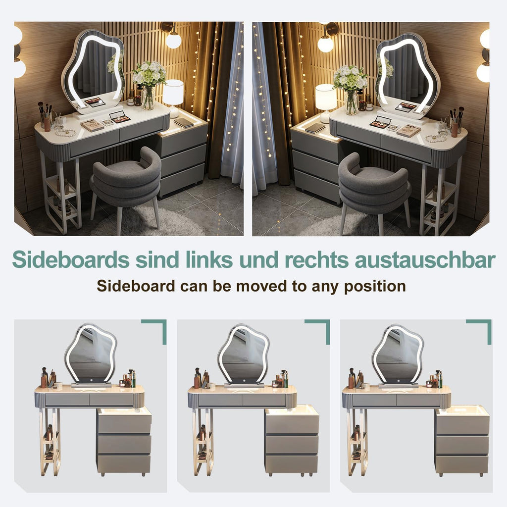 Schminktisch Mit Beleuchtung Und Hocker,Moderner Frisiertisch Mit Kabelloser Aufladung,Bluetooth-Audio,Schminktisch Mit Spiegel,3 Farben,Für Das Schlafzimmer (Graues Schminktisch-Set)