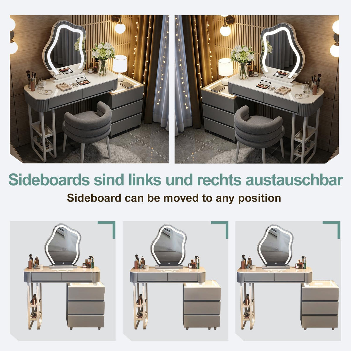 Schminktisch Mit Beleuchtung Und Hocker,Moderner Frisiertisch Mit Kabelloser Aufladung,Bluetooth-Audio,Schminktisch Mit Spiegel,3 Farben,Für Das Schlafzimmer (Graues Schminktisch-Set)