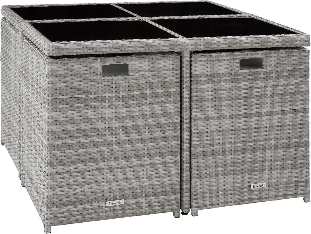 tectake® Lounge Möbel Set 4X Stühle, 4X Hocker, 1x Tisch, platzsparende Cube Aufbewahrung, Outdoor Rattan Gartenmöbel für Balkon, Garten und Terrasse, mit Abdeckung und Wechselbezügen - hellgrau