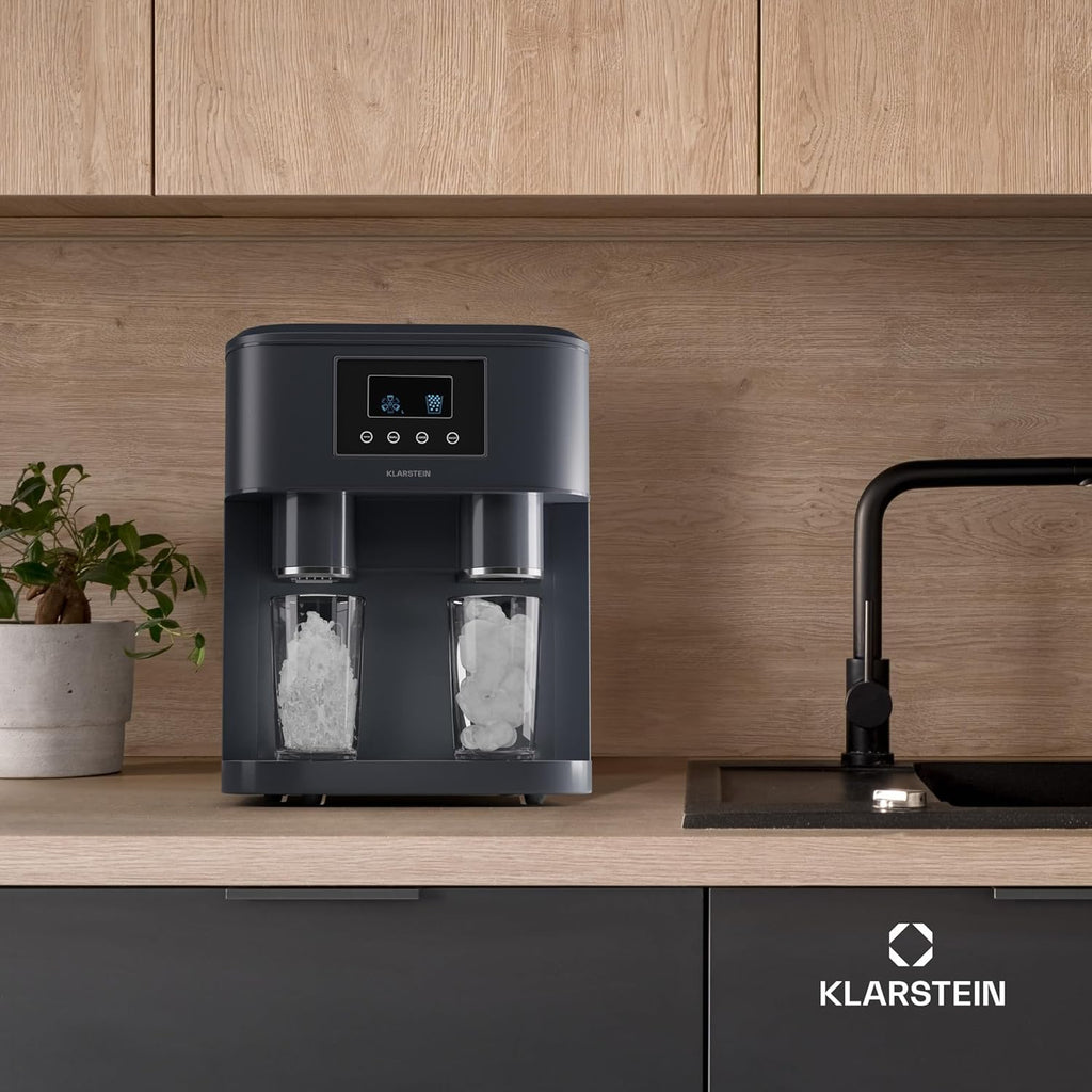 Klarstein Eiswürfelmaschine für Zuhause Camping Gastro, Schnelle Mini-Eiswürfelmaschine Klein, Profi Eismaschine für Crushed Eis, Große  und  Kleine Eiswürfel, 1,8L Wassertank, 15kg Eis in 24h