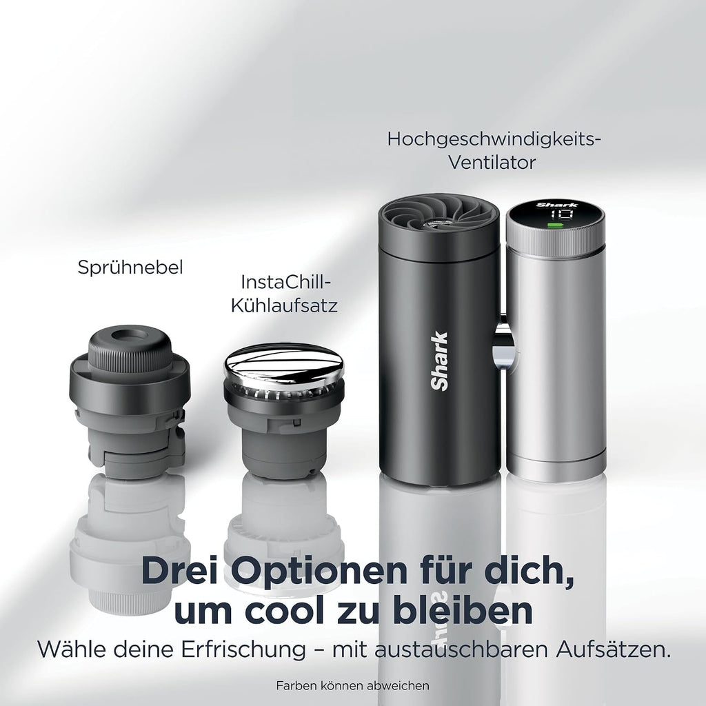 Shark ChillPill 3-in-1-Hochgeschwindigkeits-Handventilator-, Sprühnebel- und InstaChill-System, mit 3 Kühlaufsätzen, reisefreundliches Design, Hellgrau FA022EULV