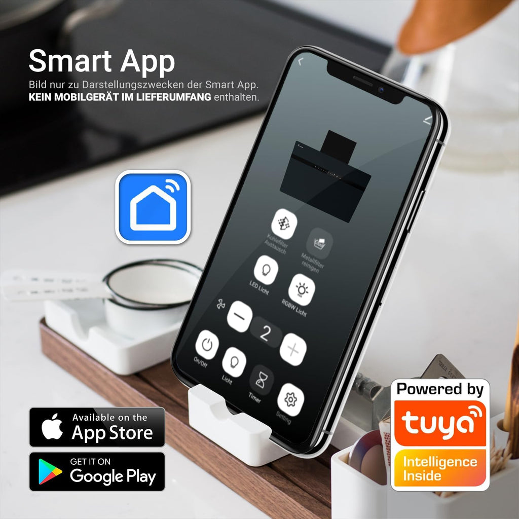 KKT KOLBE A+++ Dunstabzugshaube 80 cm 782 cbm/h Kopffreie Wandhaube Edelstahl schwarzes Glas WLAN RGBW-LED-Beleuchtung SensorTouch Bedienung STYLE8005SMAO