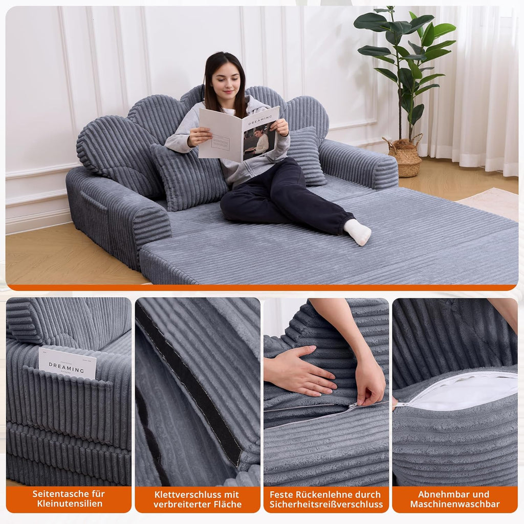 IRONCK Schlafsofa 2-Sitzer Sofa mit Schlaffunktion Boneless Sofa Bed aus Cord & Schaum, Sofabett 153x267cm, Klappbar Schlafcouch, 2 Kissen & Seitentaschen, Bettsofa für Wohnzimmer Schlafzimmer, Grau