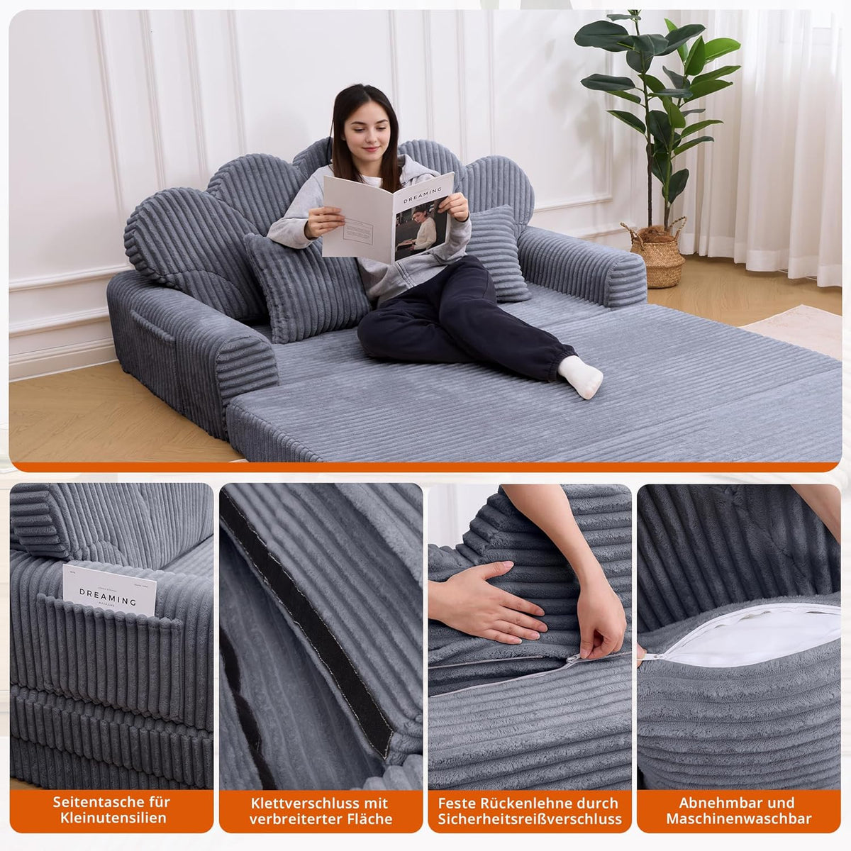 IRONCK Schlafsofa 2-Sitzer Sofa mit Schlaffunktion Boneless Sofa Bed aus Cord & Schaum, Sofabett 153x267cm, Klappbar Schlafcouch, 2 Kissen & Seitentaschen, Bettsofa für Wohnzimmer Schlafzimmer, Grau