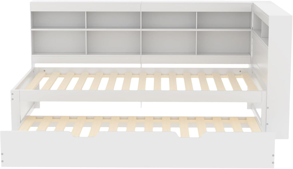 Plattformbett mit Ausziehbett 90x200cm(90x190cm), Ausziehbares Schlafsofa Tagesbett mit Bücherregal & USB Ladefunktion, Multifunktionsbett Gästebett Daybett Kinderbett Jugendbett, Ohne Matratze, Weiß