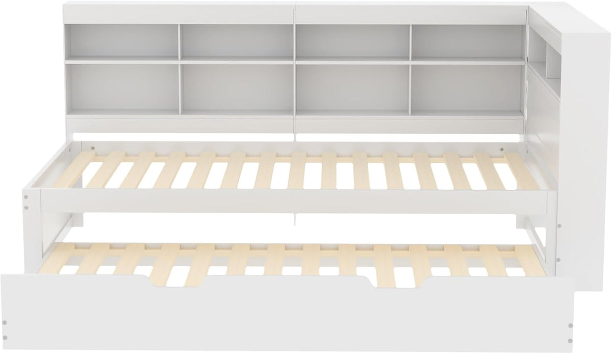 Plattformbett mit Ausziehbett 90x200cm(90x190cm), Ausziehbares Schlafsofa Tagesbett mit Bücherregal & USB Ladefunktion, Multifunktionsbett Gästebett Daybett Kinderbett Jugendbett, Ohne Matratze, Weiß