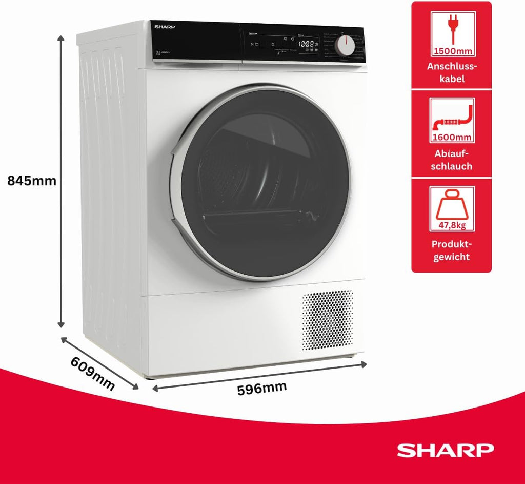 SHARP KD-NHA0S6GW1C-DE Wäschetrockner, 10kg, C, 15 Trockenprogramme inkl. 20-Minuten-Schnelltrockenprogramm, Weiß