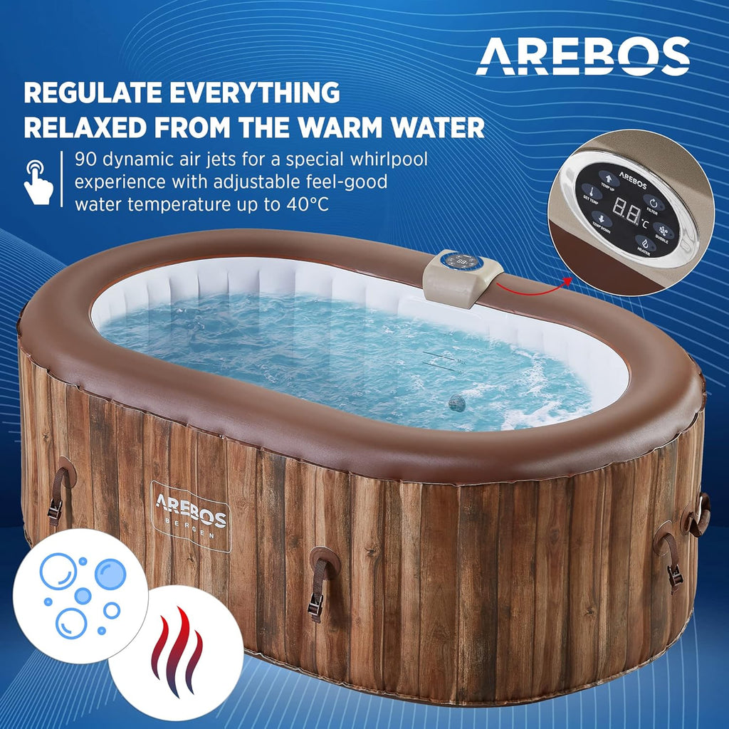Arebos Whirlpool | Aufblasbar | In- & Outdoor | 190x120 cm oval | 2 Personen | 90 Massagedüsen | mit Heizung | 550 Liter | Inkl. Abdeckung | Bubble Spa & Wellness Massage