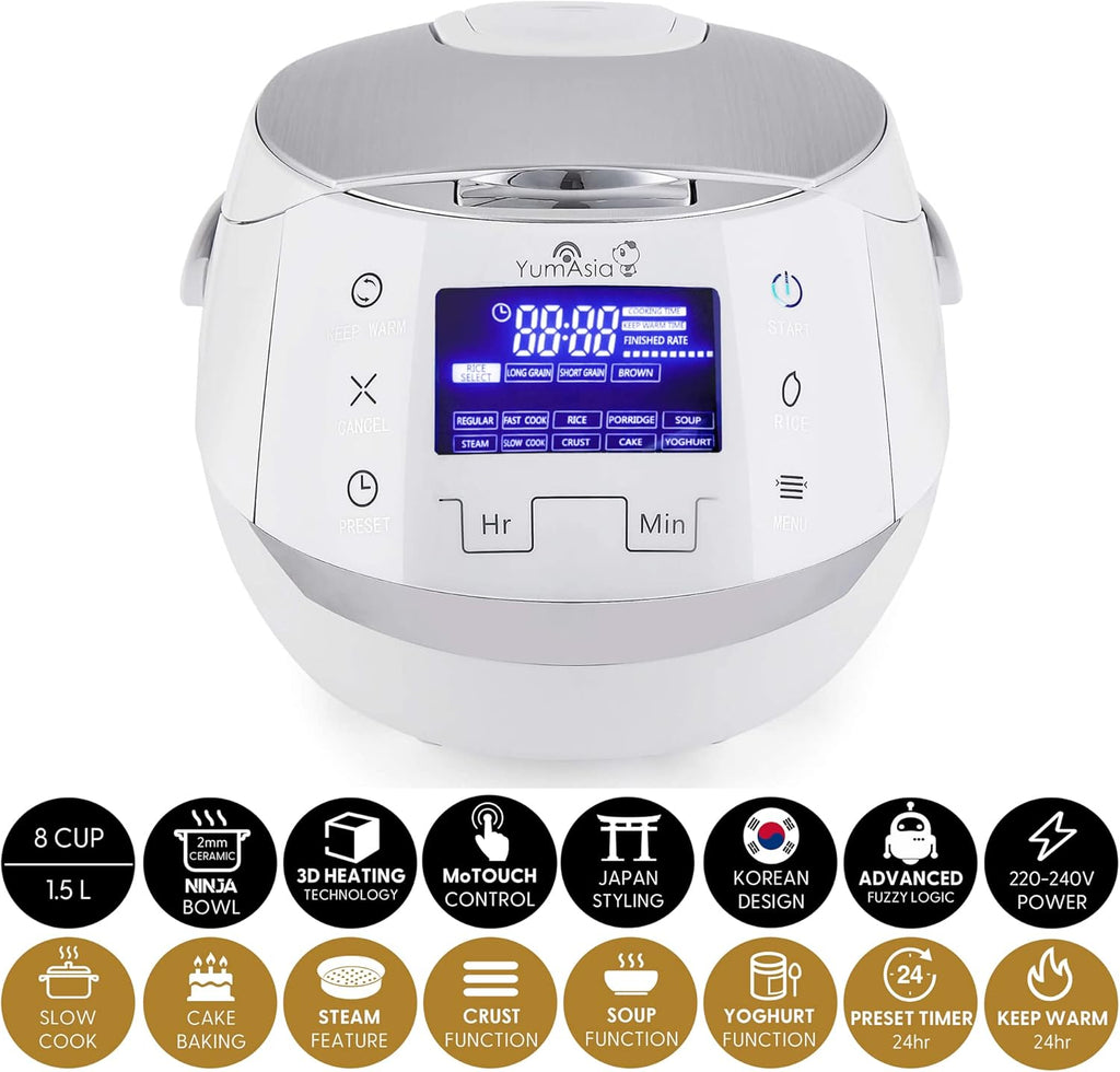 Yum Asia Sakura Reiskocher mit Keramikschale und Advanced Fuzzy Logic (8 Tassen, 1,5 Liter), 6 Reiskochfunktionen, 6 Multikocherfunktionen, Motouch LED-Display, 220-240V EU (schwarz und silber)