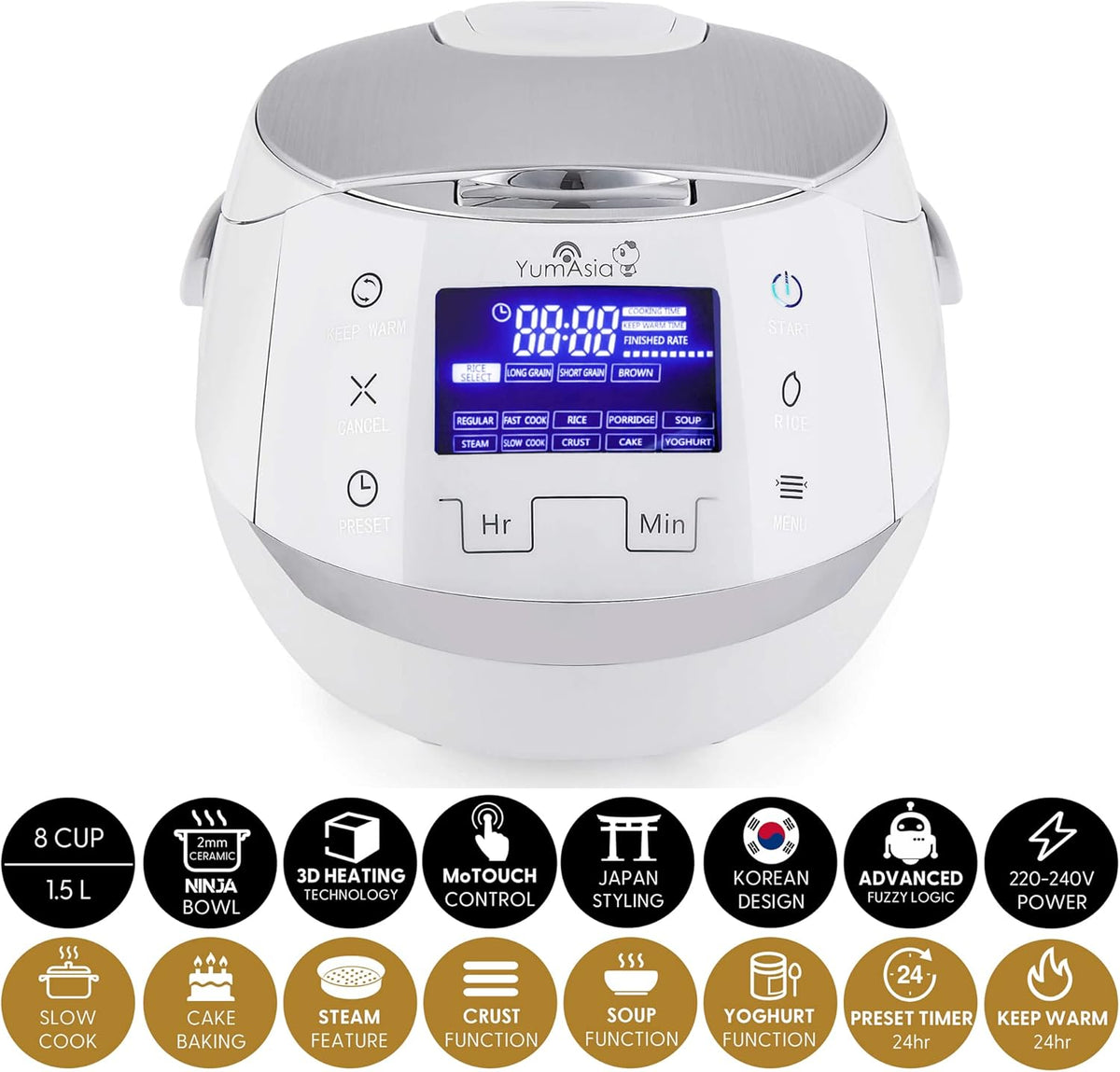 Yum Asia Sakura Reiskocher mit Keramikschale und Advanced Fuzzy Logic (8 Tassen, 1,5 Liter), 6 Reiskochfunktionen, 6 Multikocherfunktionen, Motouch LED-Display, 220-240V EU (schwarz und silber)