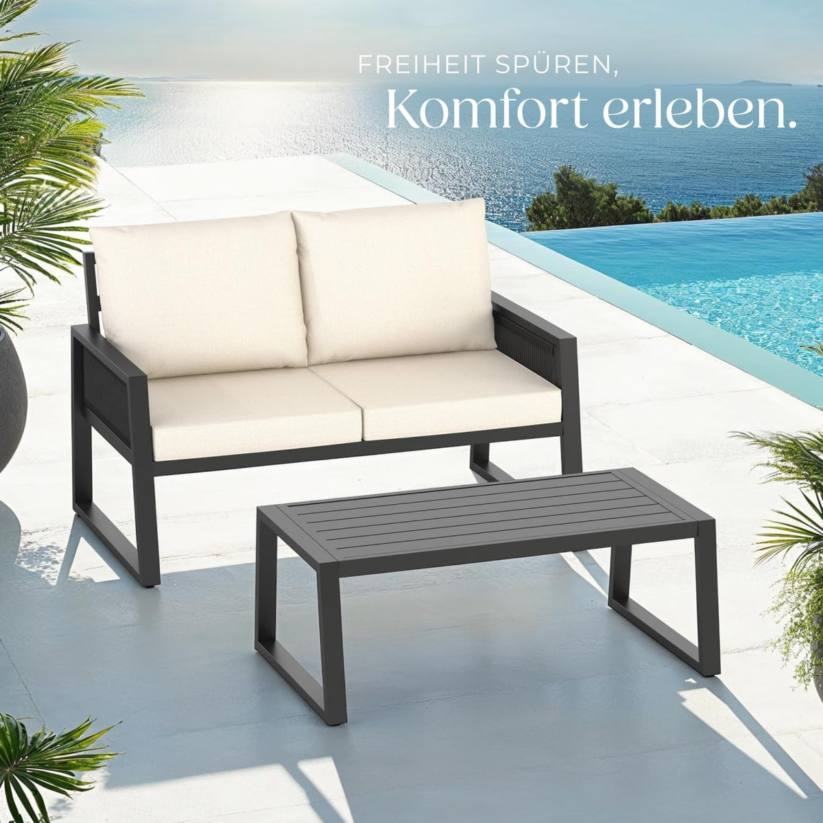 tectake® Rope Design Lounge Möbel Set für Garten oder Balkon, Aluminium Outdoor Sitzgruppe Terrassenmöbel mit Sofa und Tisch in Holz Optik, inkl. Gartenmöbel-Kissen, wetterfest