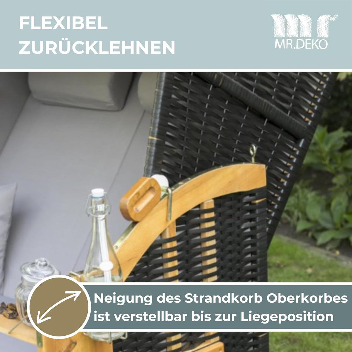 Strandkorb Ostsee Volllieger 2-Sitzer | PE Geflecht Schwarz Bezug Uni grau | inkl. 4 Kissen & Klapptisch | Strandstuhl verstellbar | Strandkörbe aus Hartholz mit Fußablage (Dessin Uni Grau)