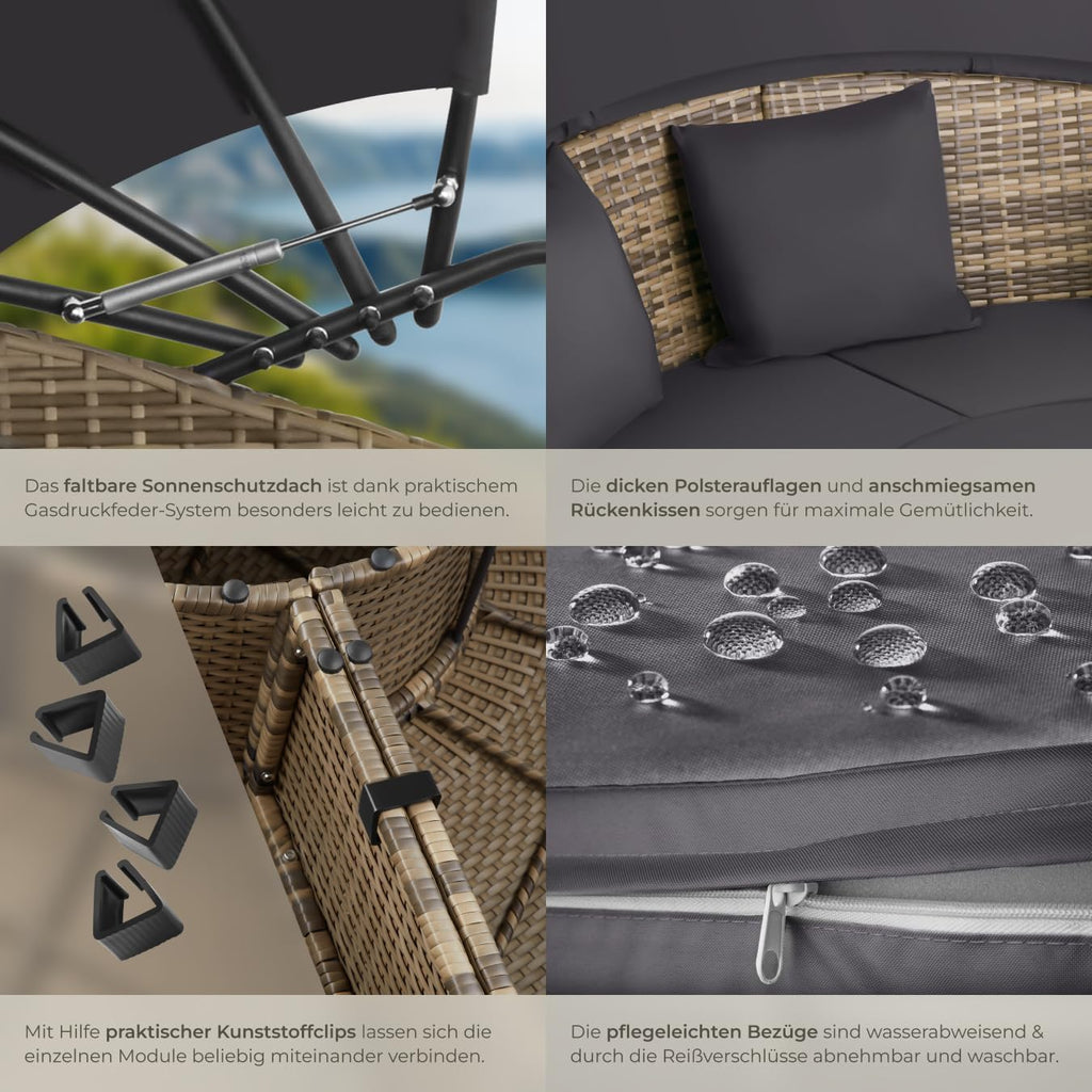 tectake® Lounge Muschel Sonneninsel Outdoor wetterfest, Gartenmuschel, Sonnenliege 2 Personen und mehr, multifunktionales Terrasse oder Balkon Möbel, Gartenliege wetterfest - Natur