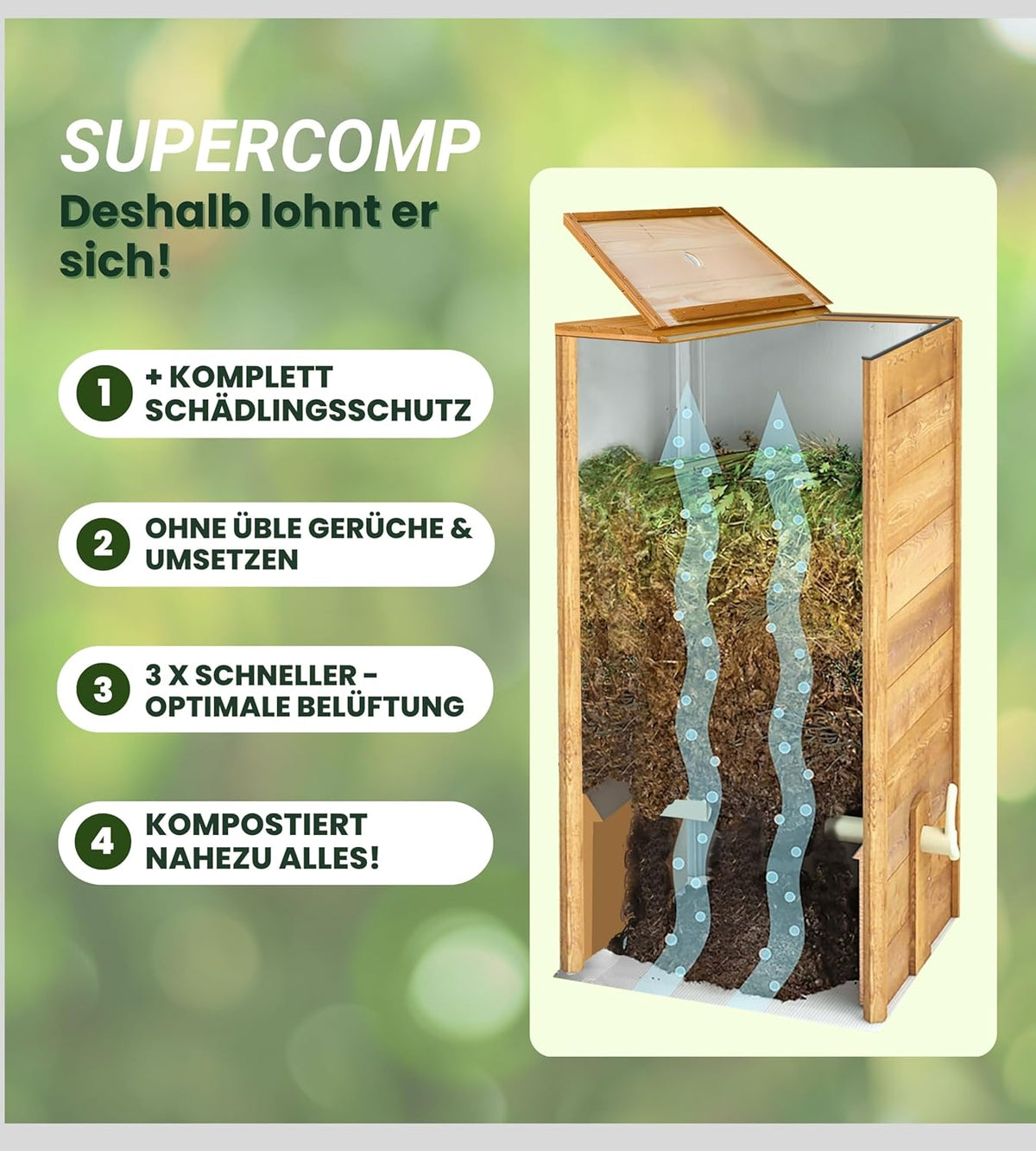 Holz Komposter Rattensicher mit Deckel, Schädlingsschutz, Durchlüftungsgitter und Boden, Gleit-Technik Kompostieren ohne üblen Gerüche, kein Umsetzen mehr, 340 L