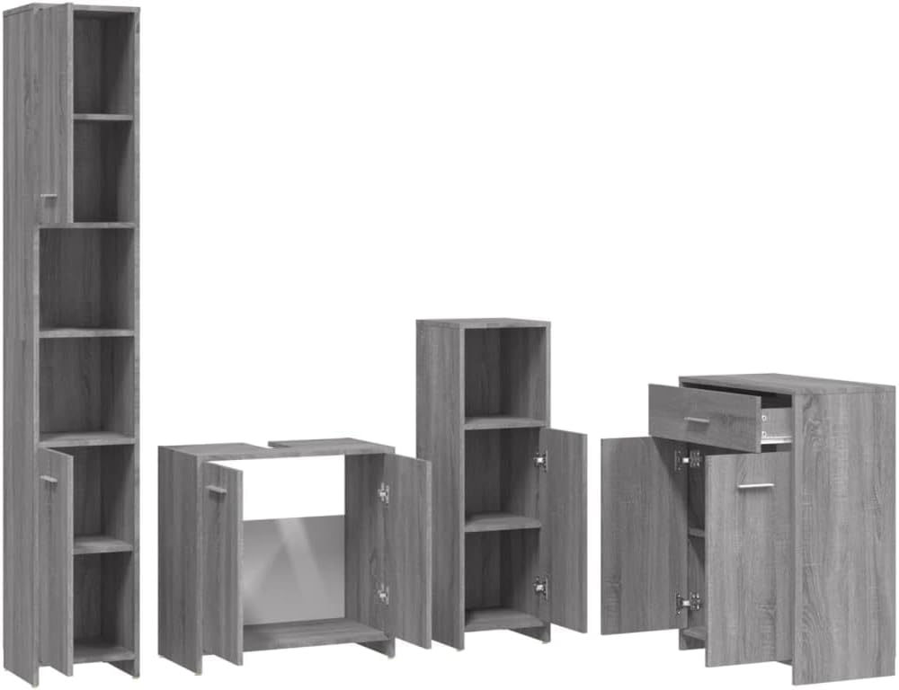 vidaXL Badmöbel Set 4 TLG., Badezimmermöbel mit Hochschrank Waschbeckenunterschrank Midischrank, Badschrank mit viel Stauraum, Waschtischschrank Badezimmermöbel, Grau Sonoma Holzwerkstoff