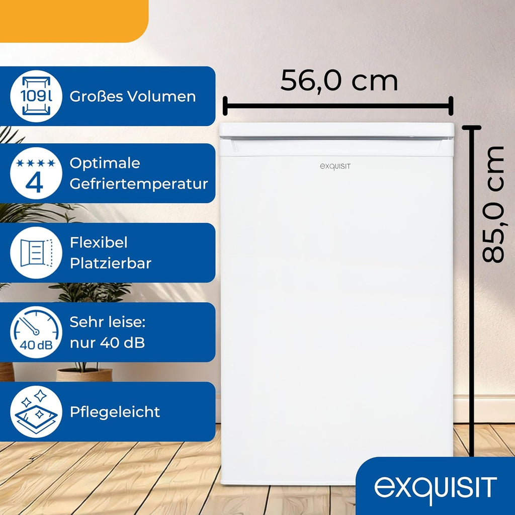 Exquisit Kühlschrank mit Gefrierfach, 109 Liter, kleiner Kühlschrank, 85 cm hoch, freistehend, Kompakt, KS516-4-E-040E weiss