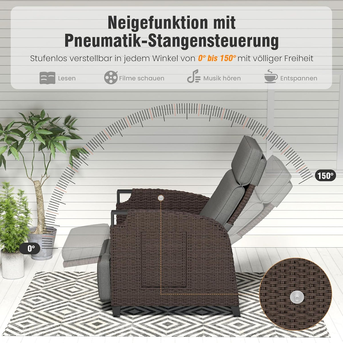 Amopatio Relaxliege Liegesessel, Rattan Sonnenliege mit Verstellbar Rückenlehne und Klapptisch, Outdoor Gartensessel wetterfestes, für Terrasse, Garten, Balkon – Grau & Braun