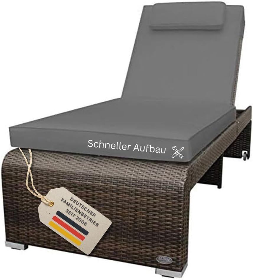 RS Trade Sonnenliege Gartenliege wetterfest aus Rattan, extra hoch & extra breit auch für Senioren – XXL bis 200kg – mit Rollen, Outdoor Liege mit Verstellbarer Rückenlehne, braun mit Grauer Auflage