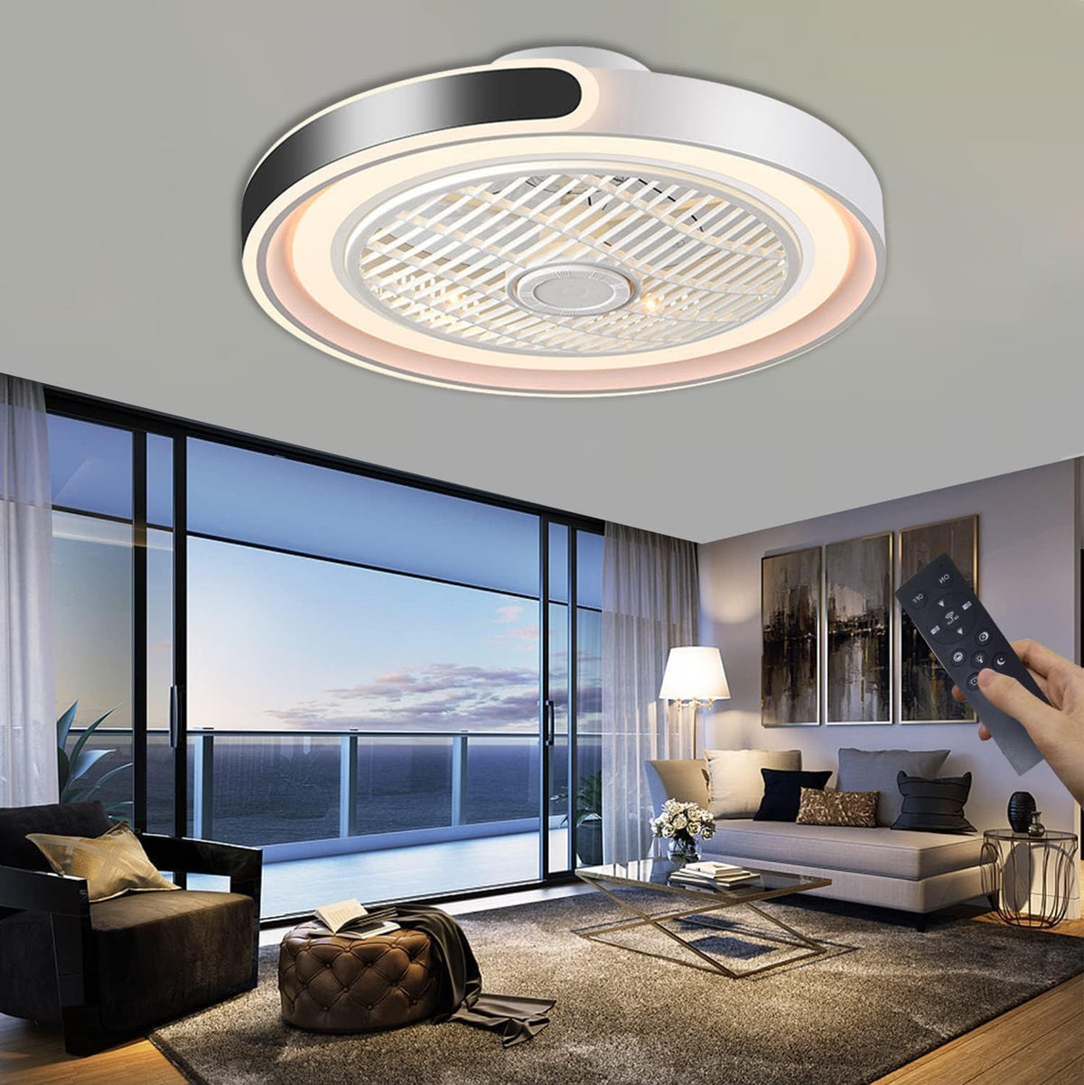 ASJK Deckenventilator mit Licht, Modern LED Dimmbar Deckenleuchte mit Ventilator und Fernbedienung Leise 72 W, 7200 lm, für Wohn, Schlaf- und Esszimmer, 6-Gang, Timer, Schwarz