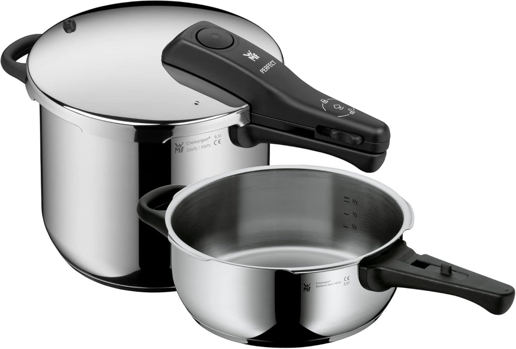 WMF Perfect One Pot Schnellkochtopf Set Induktion 2-teilig, Dampfkochtopf 6,5l, 3l, großes Kochsignal, 2 Kochstufen, abnehmbarer Deckelgriff, Edelstahl