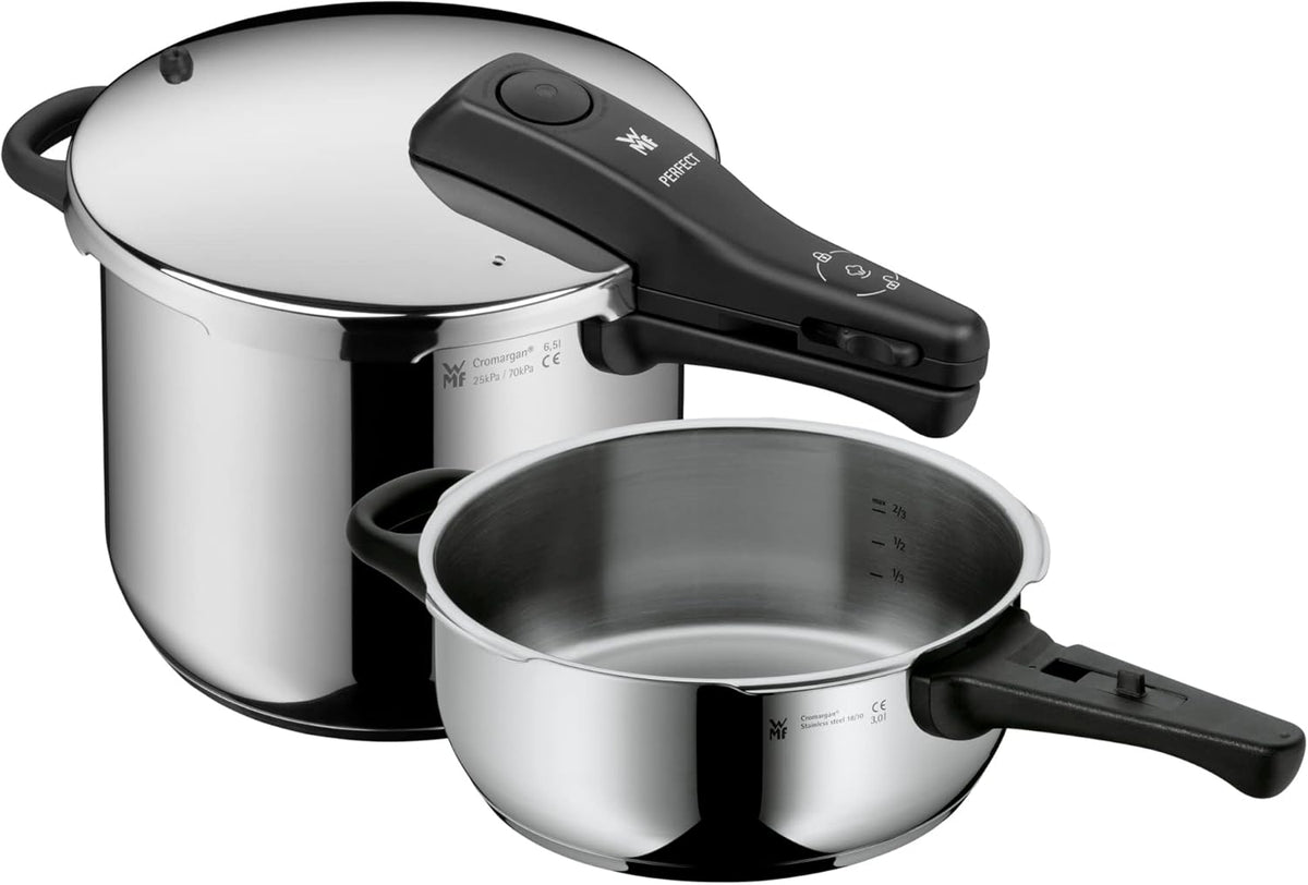 WMF Perfect One Pot Schnellkochtopf Set Induktion 2-teilig, Dampfkochtopf 6,5l, 3l, großes Kochsignal, 2 Kochstufen, abnehmbarer Deckelgriff, Edelstahl