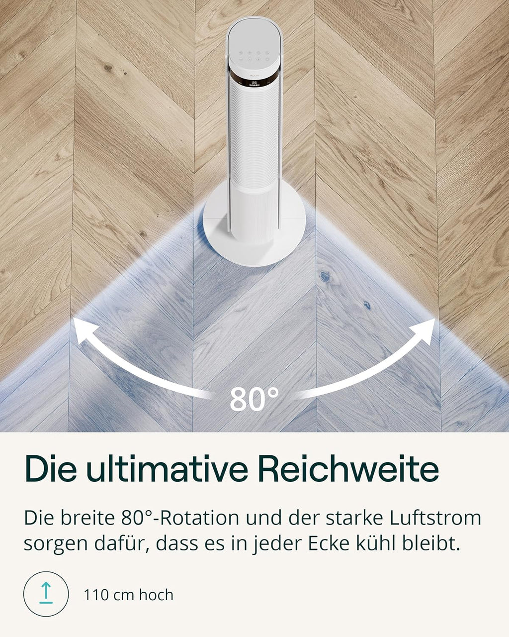 Duux Elevate Turmventilator – 12 Geschwindigkeitsstufen, 80° Oszillation, nur 25 dB, Ionisator, Timer (1–12 Stunden), Schlafmodus, Touchscreen & Fernbedienung – leise & intelligenter Ventilator für