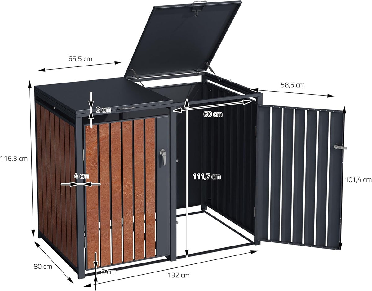 ML-Design Mülltonnenbox 3er 3 Tonnen 240L 200x80x116,3cm Anthrazit-Rostoptik, Stahl/Cortenstahl, Abschließbare Mülltonnenverkleidung Klappdeckel/3 Türen, Müllbox Mülltonnecontainer Mülltonnenabdeckung