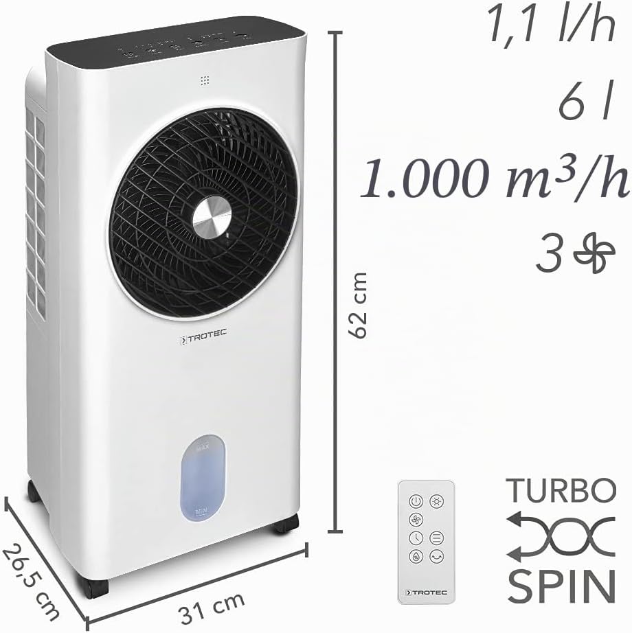 TROTEC Aircooler PAE 31 mobiler Luftkühler, 3-in-1 Luftkühler, Luftbefeuchter und Ventilator, 6 l Tank, 1,1 l/h Verdunstungsleistung, 3 Gebläsestufen, Timer, Nachtmodus